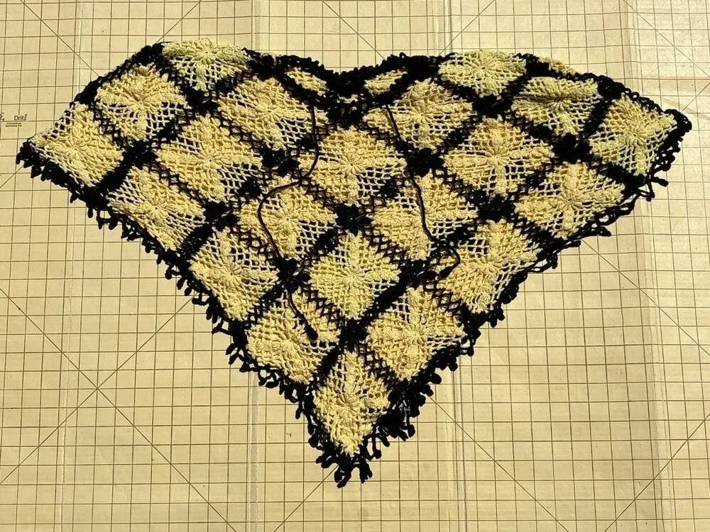 Vtg Handmade crochet yellow black granny square shawl with fringe 35x22